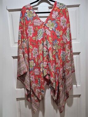 🌺 Easel Los Angeles Coral Floral Boho Kimono Poncho Top 1X NWT